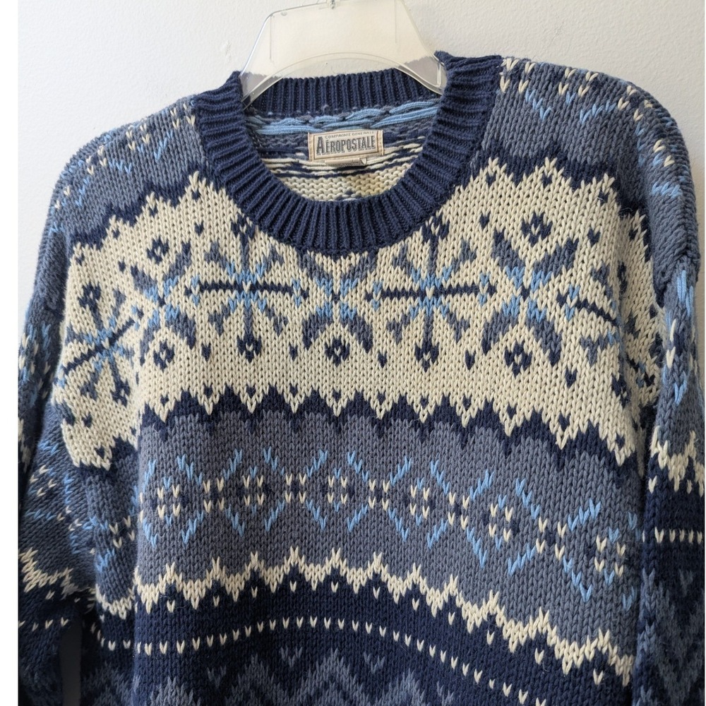 Vtg Aeropostale Sweater Blue Fair Isle Knit Crewneck Sz L Nordic Cabin Ski